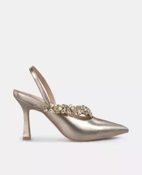 Женские туфли на шпильке с открытым задником и ремешком со стразами Alma en Pena, золото