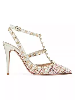 Женские твидовые туфли-лодочки Valentino Garavani Rockstud 100MM с ремешками, мультиколор
