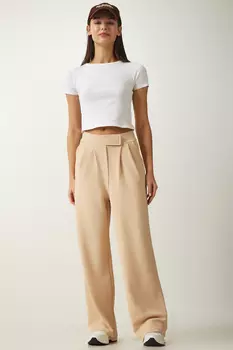 Женские удобные брюки-палаццо кремового цвета с липучками на талии Happiness stanbul, бежевый