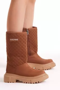 Женские удобные длинные ботинки светло-коричневого цвета со стеганым узором TONNY BLACK