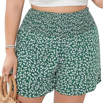 Женские удобные шорты больших размеров, эластичные повседневные летние плиссированные шорты с высокой талией для отдыха Kojooin, цвет Dark Green Floral