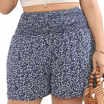 Женские удобные шорты больших размеров, эластичные повседневные летние плиссированные шорты с высокой талией для отдыха Kojooin, цвет Navy Blue Floral