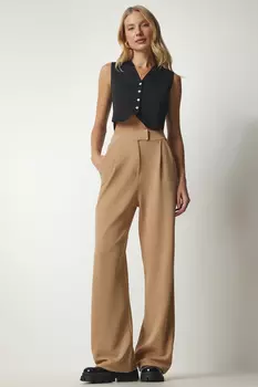 Женские удобные тканые брюки с застежкой-липучкой на талии Happiness stanbul, коричневый