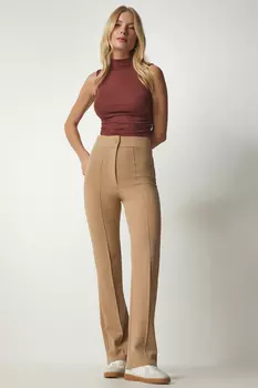 Женские удобные трикотажные брюки из лайкры с завышенной талией RV00090 Happiness stanbul, коричневый