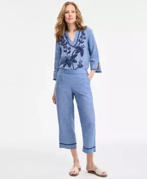 Женские укороченные брюки из 100% льняной ткани с вышитыми манжетами Charter Club, синий