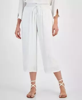 Женские укороченные брюки из смесового льна с присборенной талией JM Collection, белый