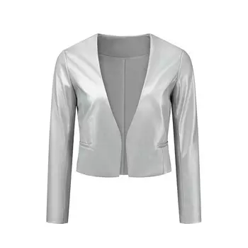 Женские укороченные мотокуртки из искусственной кожи без воротника с открытым передом ALLEGRA K, цвет Silver