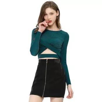 Женские укороченные топы с длинными рукавами и вырезом спереди, блестящие перекрестные топы ALLEGRA K, красный