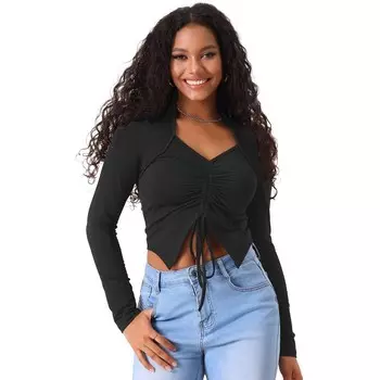 Женские укороченные топы с рюшами спереди, V-образным вырезом, асимметричным краем и завязками ALLEGRA K, черный