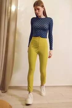 Женские узкие тканые брюки масляно-зеленого цвета с высокой талией Trend Alaat Stili, зеленый