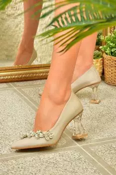 Женские вечерние модельные туфли из атласной ткани с камнями Fox Shoes, экрю