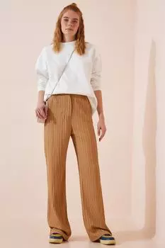 Женские вельветовые брюки бисквитного цвета с широкими штанинами Happiness stanbul, бежевый