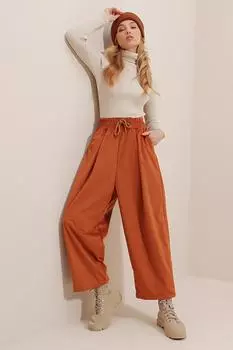 Женские вельветовые брюки свободного кроя со складками цвета корицы Trend Alaat Stili, коричневый