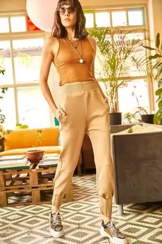 Женские вязаные брюки цвета верблюжьей шерсти с карманами и деталями для дайвинга Olalook, коричневый