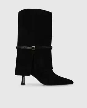 Женские замшевые сапоги на каблуке с загнутым вверх голенищем Lodi, чёрный