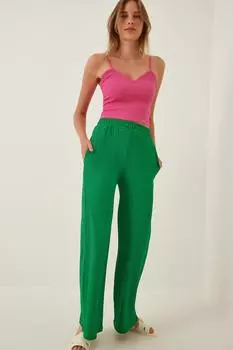 Женские зеленые брюки палаццо в морщинистую клетку Happiness stanbul, зеленый