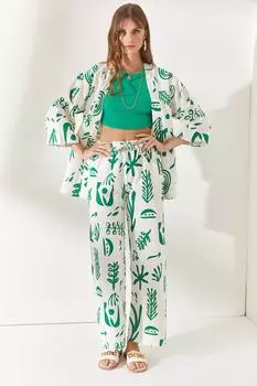 Женские зеленые льняные брюки-палаццо с рисунком и поясом с рисунком Olalook, зеленый