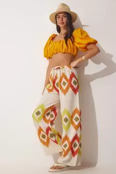 Женские желтые кремовые льняные брюки-палаццо с цветочным принтом Happiness stanbul, желтый