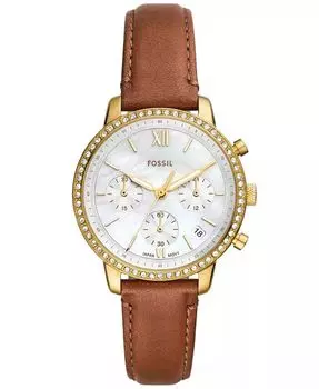 ЖенскиеНейтра-хронограф, средние коричневые кожаные часы, 36 мм Fossil, коричневый