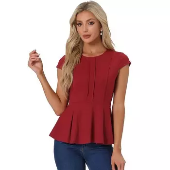 Женский элегантный однотонный топ с короткими рукавами и баской ALLEGRA K, цвет Dark Red
