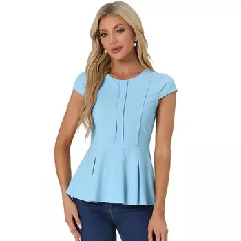 Женский элегантный однотонный топ с короткими рукавами и баской ALLEGRA K, цвет Light Blue
