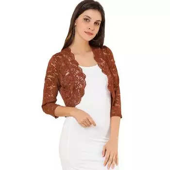 Женский элегантный прозрачный кружевной топ с открытыми плечами и рукавами 3/4 с цветочным принтом ALLEGRA K, коричневый