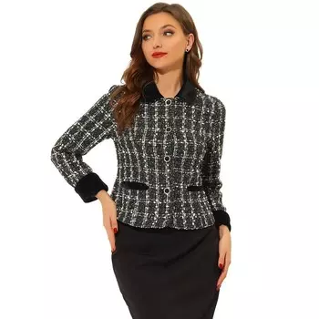 Женский элегантный твидовый пиджак в клетку с бархатным воротником ALLEGRA K, черный