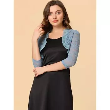 Женский элегантный укороченный кардиган с рюшами и воротником, прозрачный кружевной топ с цветочным принтом ALLEGRA K, черный