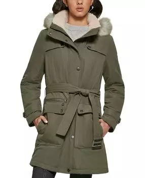 Женский анорак с капюшоном и отделкой из искусственного меха с поясом DKNY