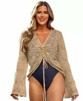 Женский асимметричный накидочный топ с завязками X JoJo открытой вязки CUPSHE, бежевый