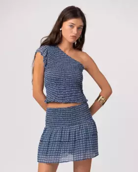 Женский асимметричный топ без рукавов с небольшим рюшем на пройме Noon, синий