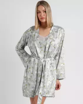 Женский атласный халат с цветочным принтом Admas, светло-серый