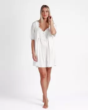 Женский атласный халат с поясом с коротким рукавом белого цвета Admas, белый