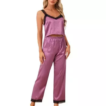Женский атласный пижамный комплект с кружевной отделкой из 2 предметов, пижама на бретельках с длинными брюками, одежда для дома Cheibear, фиолетовый