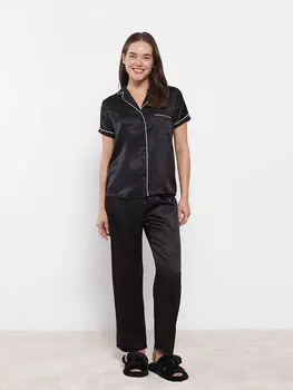 Женский атласный пижамный комплект с воротником-стойкой в горошек и короткими рукавами LCW Dream