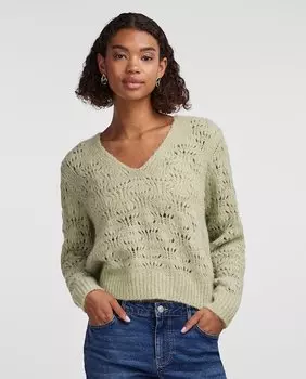 Женский ажурный свитер вязки Pieces, зеленый