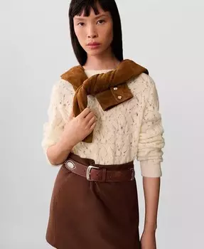 Женский ажурный вязаный свитер MANGO, коричневый/бежевый