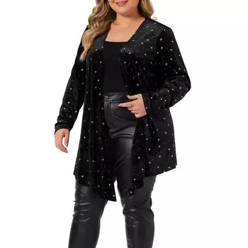 Женский бархатный кардиган больших размеров с длинными рукавами и открытой передней частью со звездами Agnes Orinda, синий