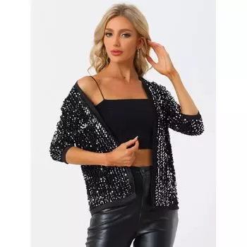 Женский бархатный кардиган с блестящими пайетками и открытым передом, без воротника, с рукавами 3/4 ALLEGRA K, золотой