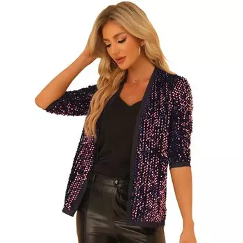 Женский бархатный кардиган с блестящими пайетками и открытым передом, без воротника, с рукавами 3/4 ALLEGRA K, цвет Blue Purple