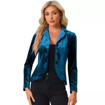 Женский бархатный пиджак с длинными рукавами и пуговицами с зубчатыми лацканами ALLEGRA K, цвет Lake Blue
