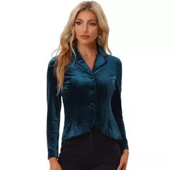 Женский бархатный пиджак с длинными рукавами и пуговицами с зубчатыми лацканами ALLEGRA K, цвет Peacock Blue