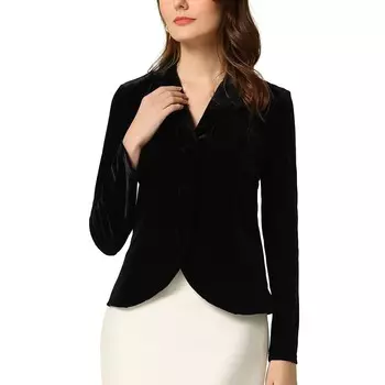 Женский бархатный пиджак с длинными рукавами и пуговицами с зубчатыми лацканами ALLEGRA K, черный