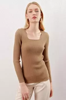 Женский базовый трикотажный свитер в рубчик из норки с квадратным воротником Z Giyim