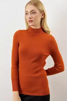 Женский базовый трикотажный свитер в рубчик с полуводолазкой кирпичного цвета Z Giyim