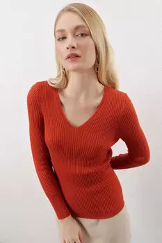 Женский базовый трикотажный свитер в рубчик с V-образным вырезом Z Giyim