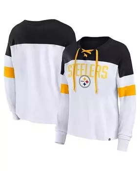 Женский бело-черный топ Pittsburgh Steelers большого размера с v-образным вырезом и длинными рукавами на шнуровке Fanatics, белый