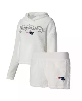 Женский белый пушистый пуловер New England Patriots, комплект для сна из толстовки и шорт Concepts Sport, белый
