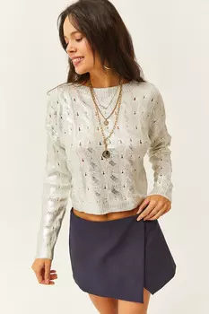 Женский белый толстый плетеный вязаный свитер металлик с густыми волосами Olalook