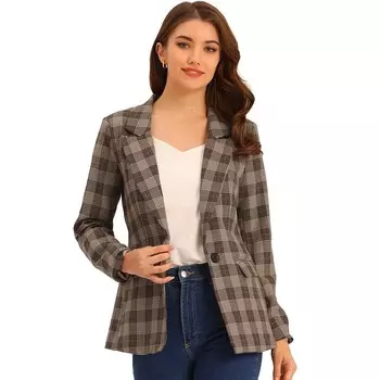 Женский блейзер с узором «гусиные лапки» длиной до бедра на одной пуговице с зубчатыми лацканами ALLEGRA K, цвет Light Brown